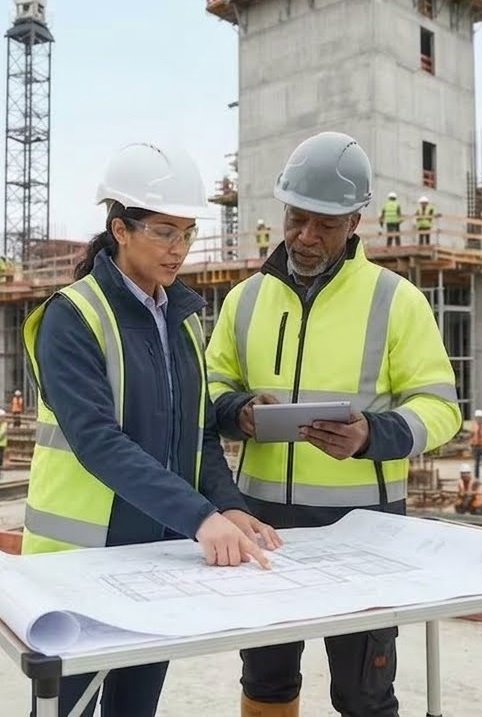 Photo of construction managers looking at blueprints